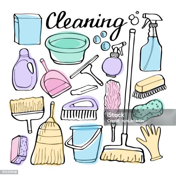 Cleaning Tools Doodle Vector Set Stock Illustration - Download Image Now - Cleaning, Doodle, Cleaning Product