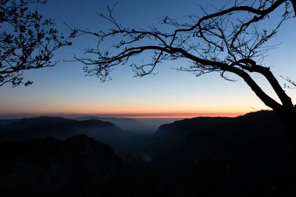 Creux-du-Van or Creux du Van: Rocky Gorge before sunrise, canton Neuchatel, Switzerland
