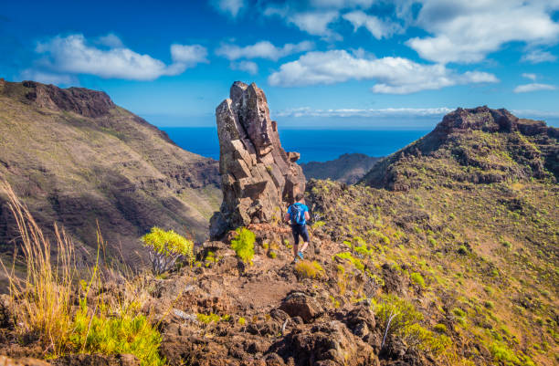 Hiker on a trail in the Canary Islands, Spain Beautiful view of male tourist hiking in idyllic exotic scenery with the Atlantic Ocean in the  background on a scenic sunny day with blue sky and clouds in summer, Canary Islands, Spain la palma canary islands photos stock pictures, royalty-free photos & images