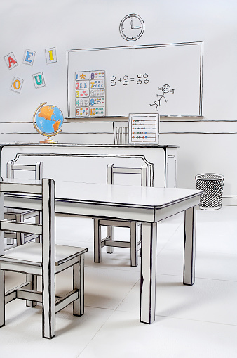 School set using only white and black pretending to be a drawing