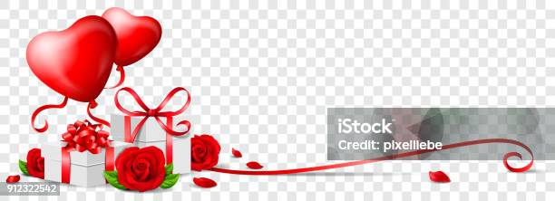 Valentines Day Banner With Heart Balloons Red Roses And Gifts Stock Illustration - Download Image Now