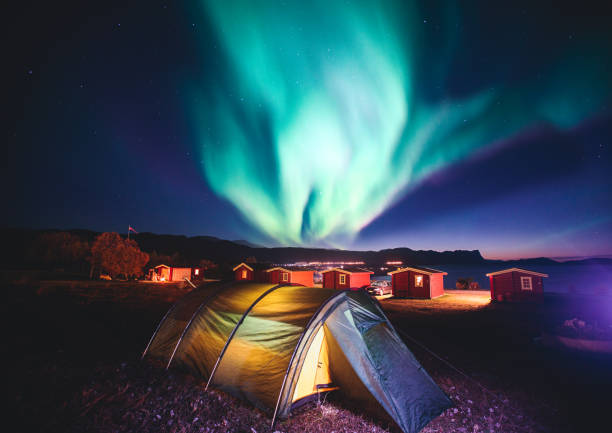 piękny obraz masywnej wielobarwnej zielonej zielonej aurora borealis, aurora polaris, znany również jako zorza polarna na nocnym niebie nad letnimi lofotami, norwegia - svalbard islands zdjęcia i obrazy z banku zdjęć