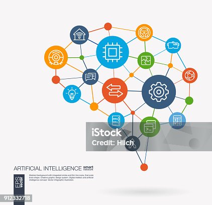 istock Artificial intelligence, robot machine learning integrated business vector line icons. Digital mesh smart brain idea. Futuristic interact neural network grid connect. 912332718