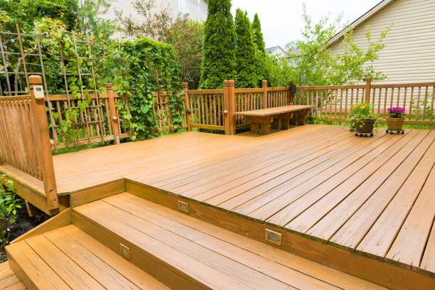 Wooden deck of family home. stock photo