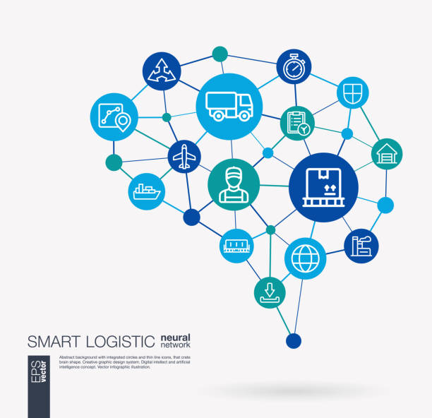 ilustrações de stock, clip art, desenhos animados e ícones de logistic, warehouse storage, ship, delivery, distribute and export integrated business vector icons. digital mesh smart brain idea. interact neural network grid connect. - vector action solution organization