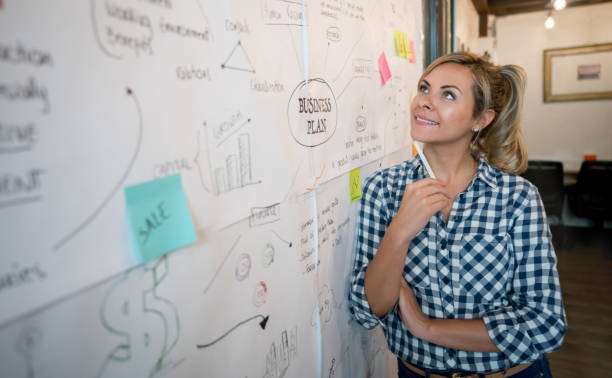 istock Pensive woman sketching a business plan at a creative office 912337884
