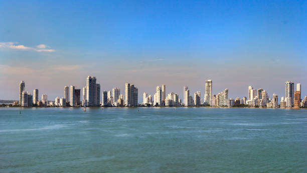 Cityscape panoramic view from a ship of the city of Cartagena in Colombia.