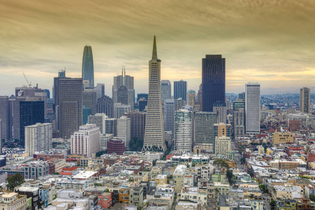 San Francisco, California, USA -  Iconic Transamerica Pyramid building on a bright day, seen from Chinatown.