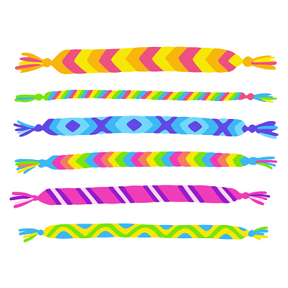 Bright handmade friendship bracelets set. Cute rainbow colored yarn crafts, vector illustration collection.