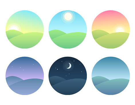 Nature landscape at different times of day. Soft gradients, simple and modern vector illustration set.