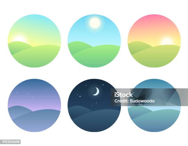 Landscape At Different Times Of Day Stock Illustration - Download Image Now - Morning, Night, Sunrise - Dawn