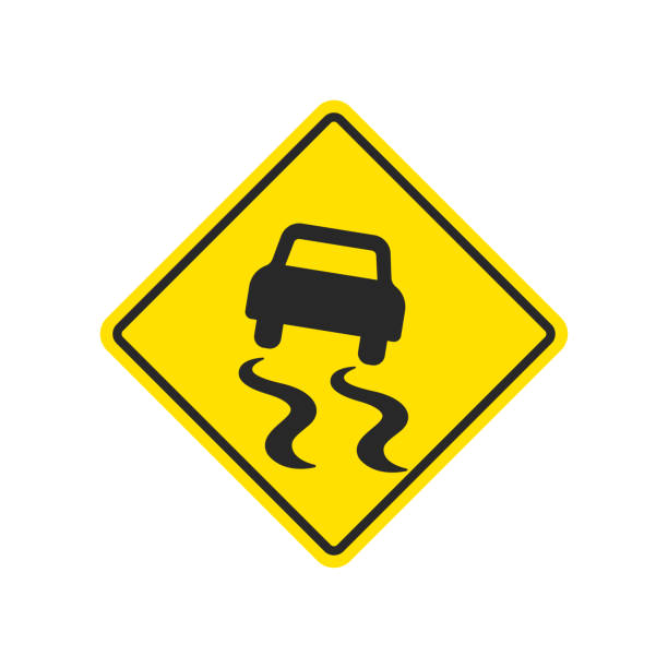 ilustraciones, imágenes clip art, dibujos animados e iconos de stock de señal de pavimento deslizante - road street sign slippery