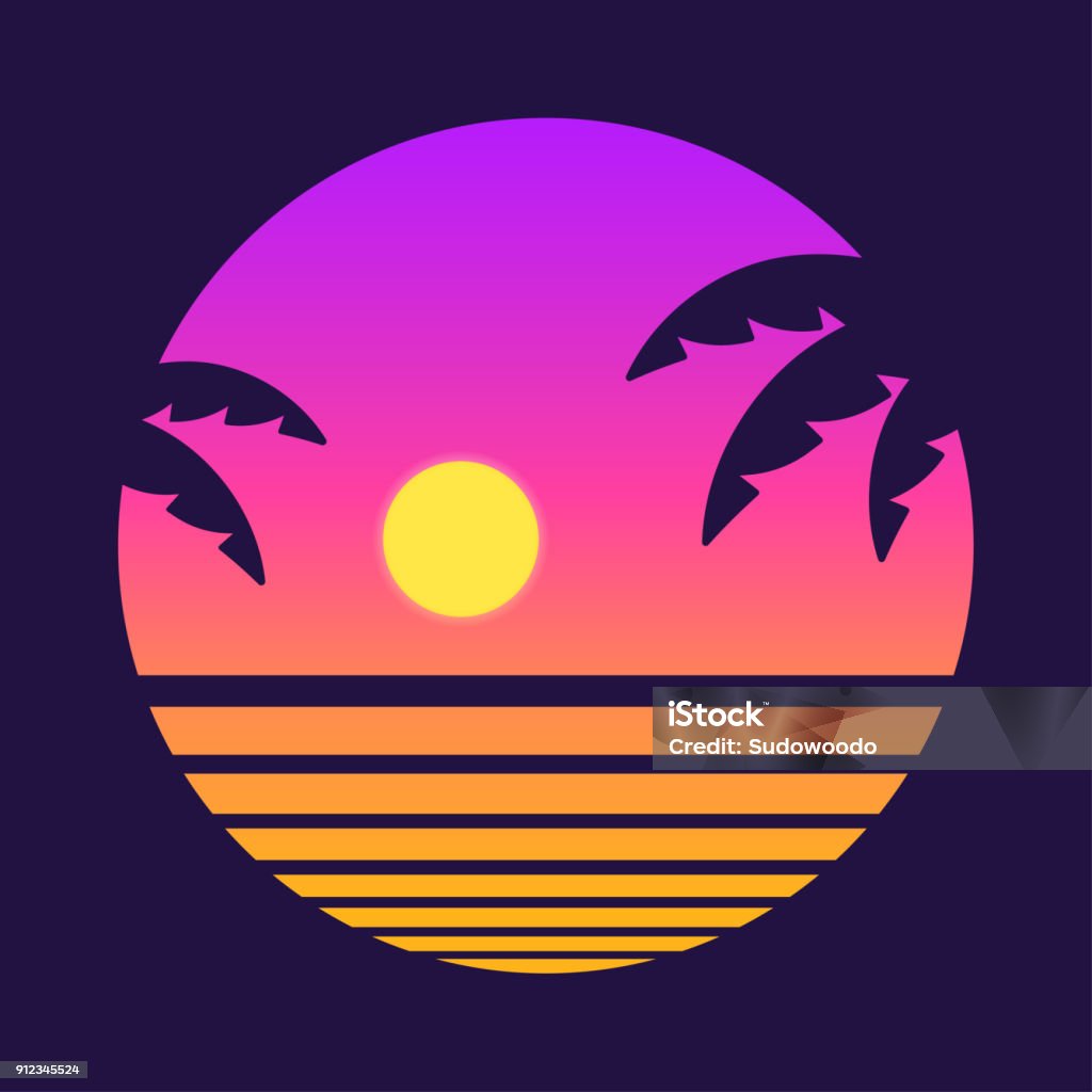 Retro tropical sunset Retro style tropical sunset with palm tree silhouette and gradient background. Classic 80s design vector illustration. Sunset stock vector