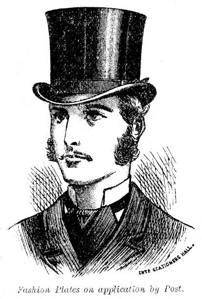신사의 머리와 어깨는 모자;를 입고의 빅토리아 그림 텍스트 ' 우편으로 응용 프로그램에 패션 번호판입니다.' 1879 - sideburn stock illustrations
