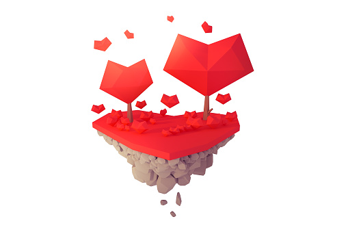 valentine love tree on the heart shape isolated floating island love concept low-poly 3d illustration.