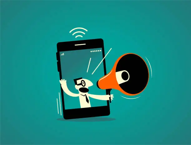 Vector illustration of Businessman inside of a smart phone (mobile phone) with megaphone, live streaming