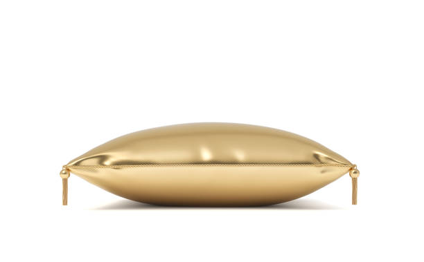 3d rendering of an isolated golden pillow with hanging tassels on its corners. Wealth and prosperity. Home improvement. Luxury design features.