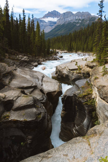 istock River with waterfalls to canyon in Rocky Mountains, Jasper 912377052