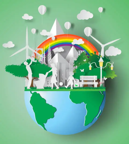 Vector illustration of Paper art of eco friendly family concept and earth with environment day. vector illustration