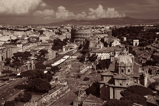 Rome rooftop view with ancient architecture in black and white in Italy.