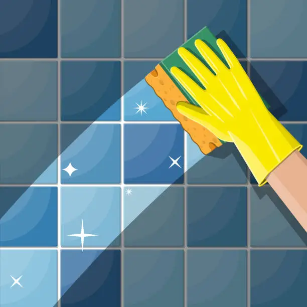 Vector illustration of Hand in gloves with sponge wash wall