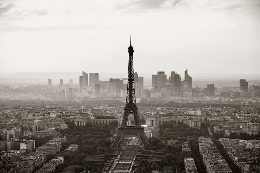 Paris city rooftop view with Eiffel Tower black and white.