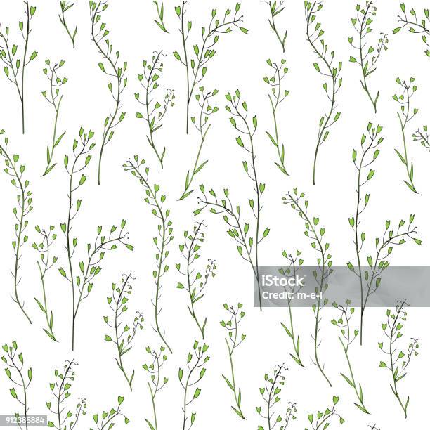 Seamless Floral Pattern Capsella Flower Shepherds Purse Capsella Bursapastoris The Entire Plant Hand Drawn Vector Ink Sketch Isolated On White For Design Cosmetics Textile Natural Fabric Stock Illustration - Download Image Now