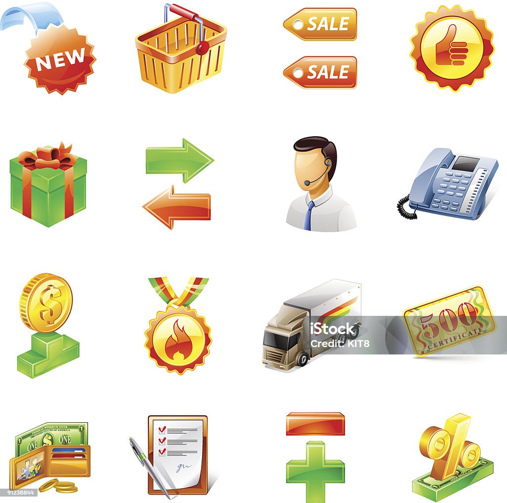 Zakupy ikony: Dostawa, wsparcie sprzedaży, pieniądze, koszyk, nowe ceny. - Grafika wektorowa royalty-free (Banknot)
