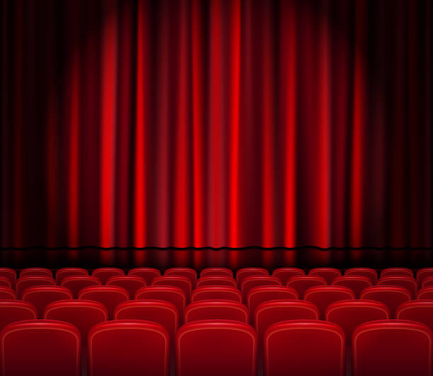 istock Closed Red Curtains with Seats in a theater or ceremony. Realistic Theater hall, Opera or Cinema Scene for your design. Movie premiere poster. Vector Illustration 912388830