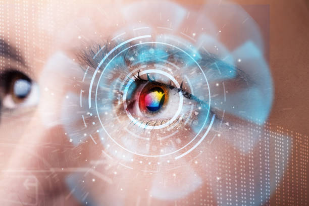 istock Future woman with cyber technology eye panel concept 912388990