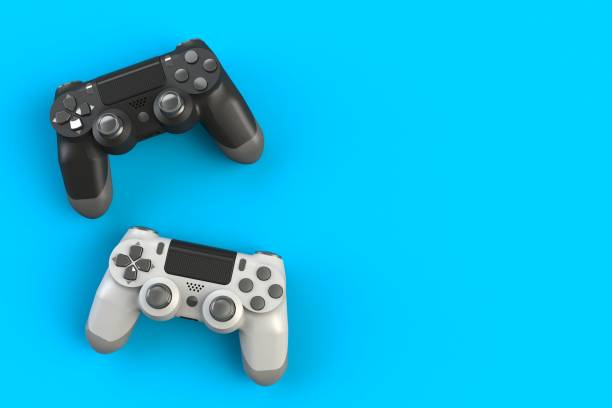 istock Computer game competition. Gaming concept. White and black joystick isolated on blue background, 3D rendering 912392158