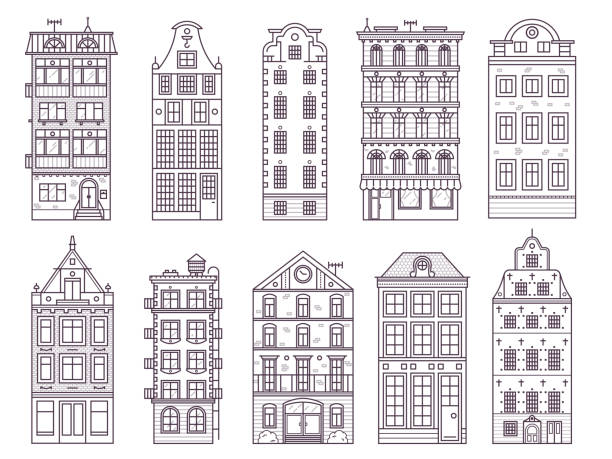 старая европа дома и дома установить - townhouse stock illustrations