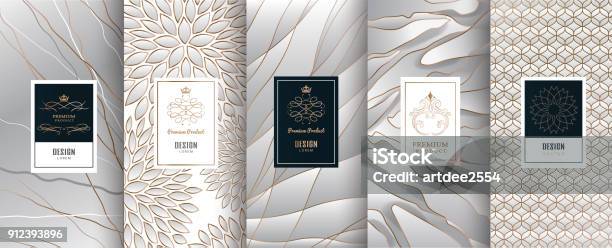 Collection Of Design Elementslabelsiconframes For Packagingdesign Of Luxury Productsmade With Golden Foilisolated On Silver And Marble Background Vector Illustration Stock Illustration - Download Image Now