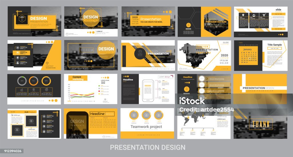 presentation template for promotion, advertising, flyer, brochure, product, report, banner, business, modern style on black and yellow background. vector illustration Plan - Document stock vector