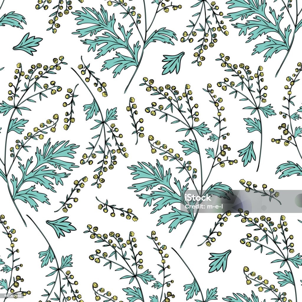 Seamless floral vector pattern Artemisia absinthium, wormwood hand drawn colorful ink sketch isolated on white background, Also called absinthium, wormwood common, Absinthe plant for design cosmetics Seamless floral vector pattern Artemisia absinthium, wormwood hand drawn colorful ink sketch isolated on white background, Also called absinthium, wormwood common, Absinthe plant for design cosmetic Sagebrush stock vector