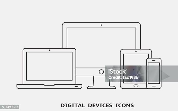 Vector Set Dicônes De Dispositif De Contour Moniteur Ordinateur Portable Tablet Pc Et Smartphone Vecteurs libres de droits et plus d'images vectorielles de Icône