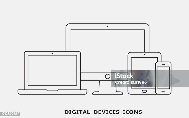 Vector Set Of Outline Device Icons Monitor Laptop Tablet Pc And Smartphone Stock Illustration - Download Image Now