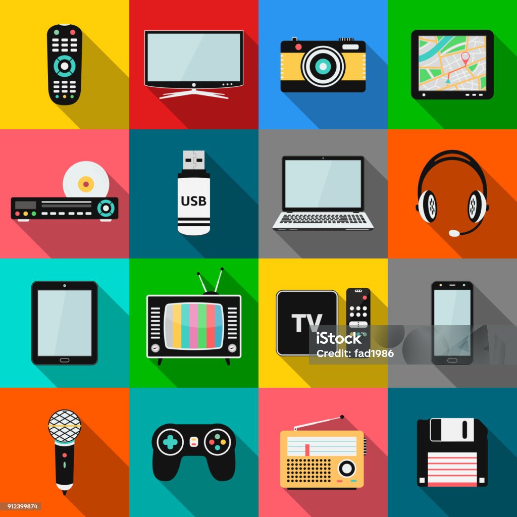 Set of technology and multimedia devices icons with long shadow effect Set of technology and multimedia devices icons with long shadow effect. Vector illustration eps10 Television Set stock vector