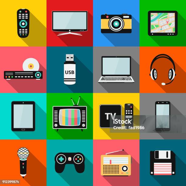Set Of Technology And Multimedia Devices Icons With Long Shadow Effect Stock Illustration - Download Image Now