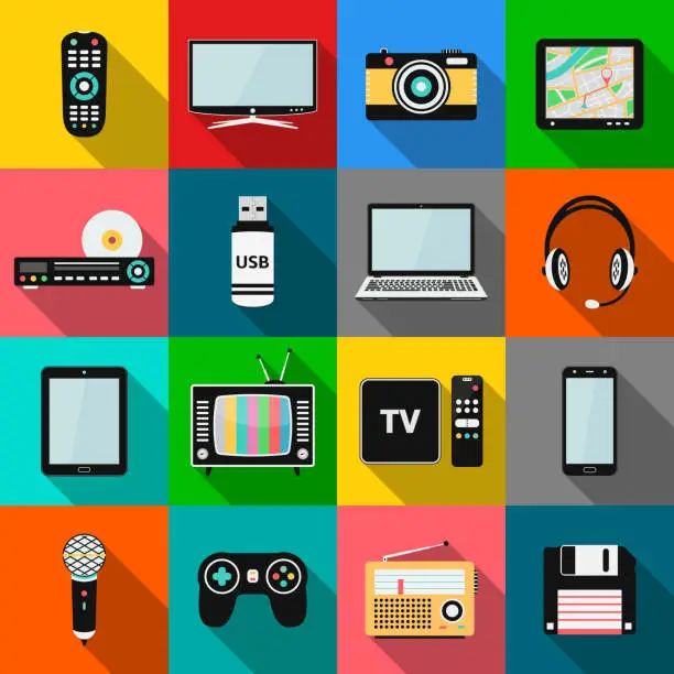 Vector illustration of Set of technology and multimedia devices icons with long shadow effect