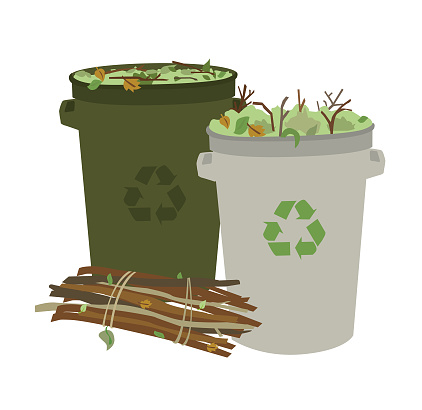 illustration of bin full of garden waste such as leaves and tree branches