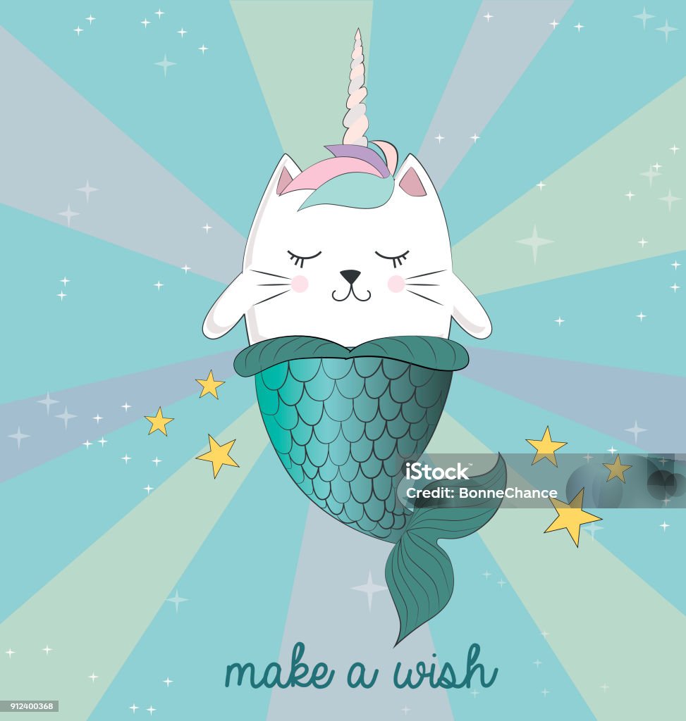 Fun magic cat unicorn and mermaid. Vector cartoon charters. Fun magic cat unicorn and mermaid. Vector cartoon charters. Editable vector illustration. Domestic Cat stock vector