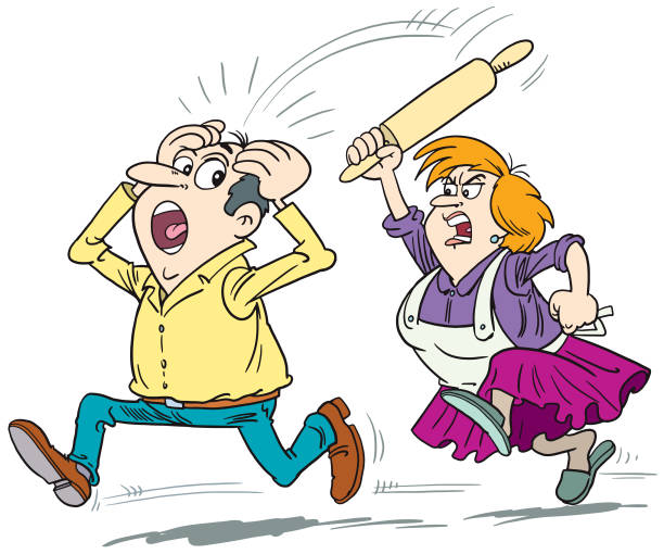 Wife Chasing Her Husband To Fight Stock Illustration - Download Image Now -  Wife, Anger, Cartoon - iStock