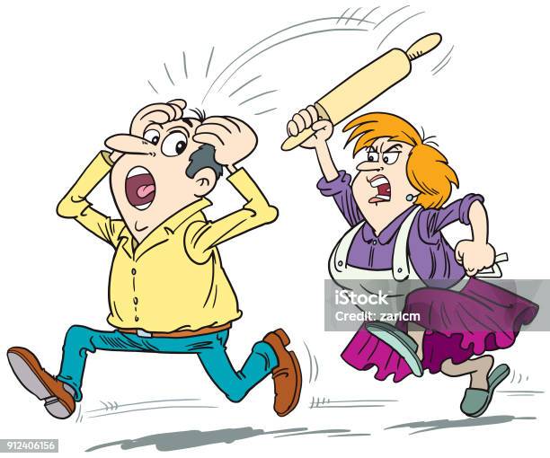 Wife Chasing Her Husband To Fight Stock Illustration - Download Image Now -  Wife, Anger, Cartoon - iStock
