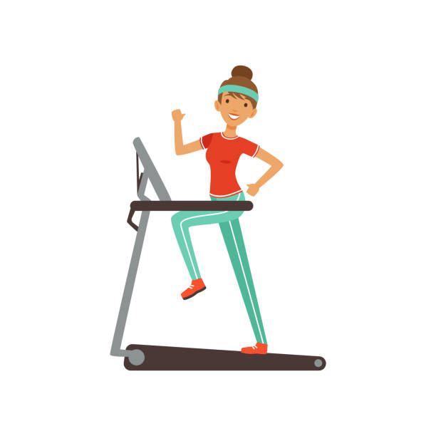 ilustrações de stock, clip art, desenhos animados e ícones de young woman character running on thread mill, girl working out in the fitness club or gym colorful vector illustration - run of the mill