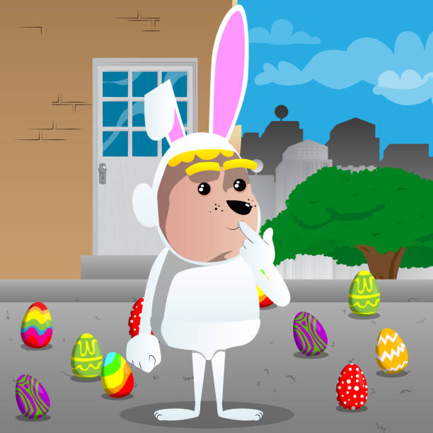 junge gekleidet als ostern hase holdin finger vor den mund. - easter rabbit baby rabbit mascot stock-grafiken, -clipart, -cartoons und -symbole