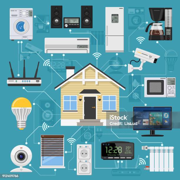 Smart Home And Internet Of Things Stock Illustration - Download Image Now - Home Automation, Internet of Things, Illustration