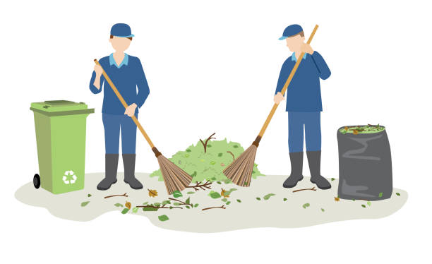 janitor or street cleaners sweeping garbage two street cleaners sweeping leaves and garbage indonesia street stock illustrations