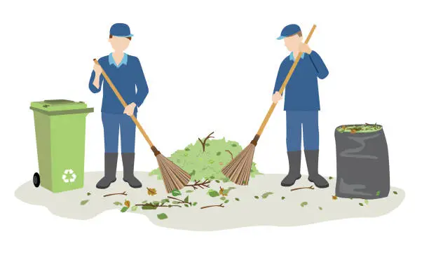 Vector illustration of janitor or street cleaners sweeping garbage