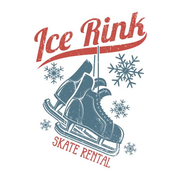 illustrazioni stock, clip art, cartoni animati e icone di tendenza di i pattini retrò pendono sulla pista di pattinaggio sulla scritta - ice skates